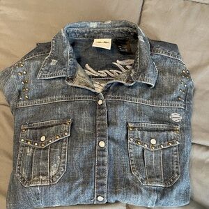 Harley Davidson Shirt Womens MediumDenim Embroidered Pearl Snap Long Sleeve Roll